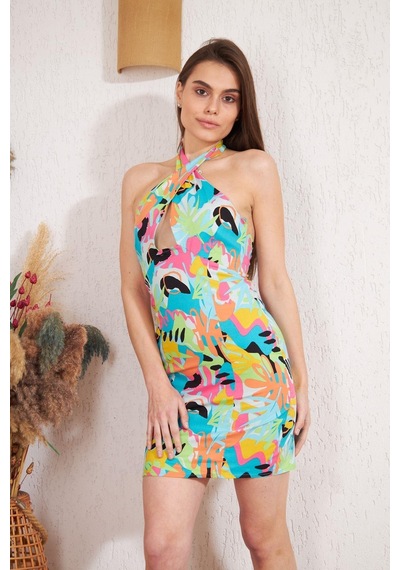 Darlin Moda Mavi Renkli Baskılı Mini Elbise DM1012 Çok Renkli