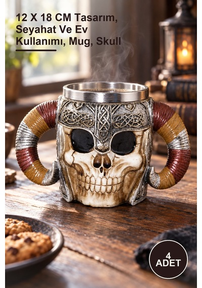 4 Adet Paslanmaz Çelik Kurukafa Kupa Bardak 12 X 18 Cm Tasarım, Seyahat Ve Ev Kullanımı, Mug, Skull
