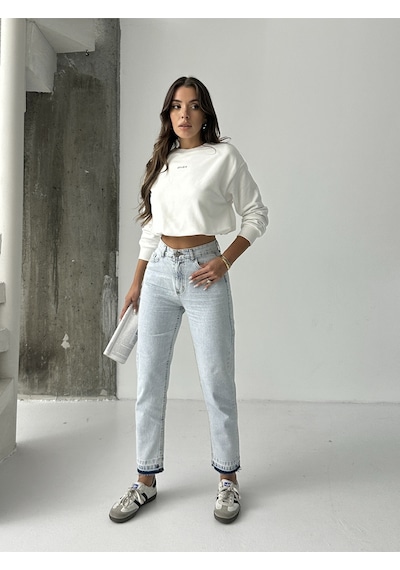 Blue Marlın Kadin Buz Kar Paça Söküm Mom Jeans Mavi