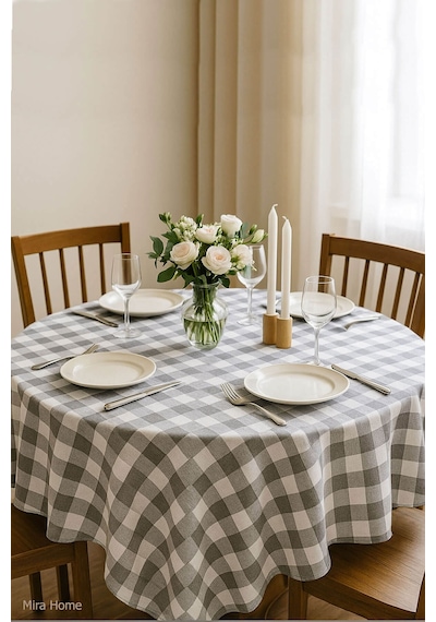 Mira Home Kareli Masa Örtüsü Sofra Bezi 160x160 Cm Happytime Gri