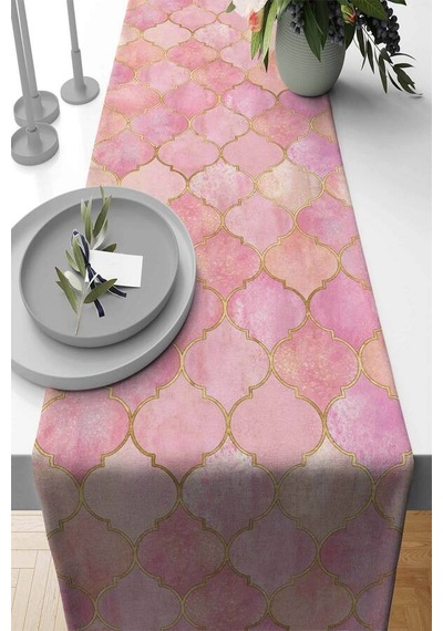 Pembe Etnik Fas Kupa Desen Premium Masa Örtüsü Runner Rnr367n11