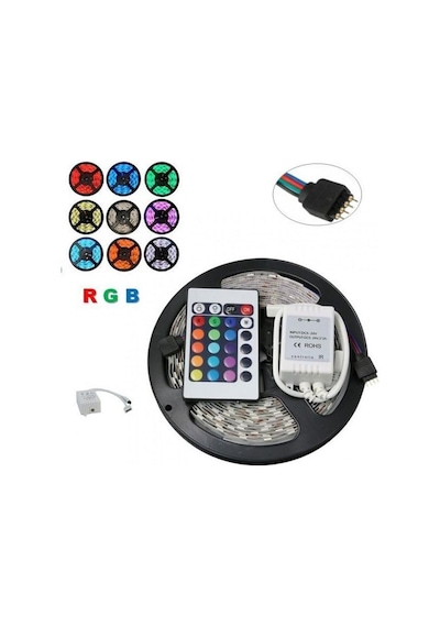 Tr Rgb Animasyonlu Cata Şerit Led 5 Mt Kendinden Trafolu Renk Değiştiren Kumandalı Çok Renkli İç Mekan