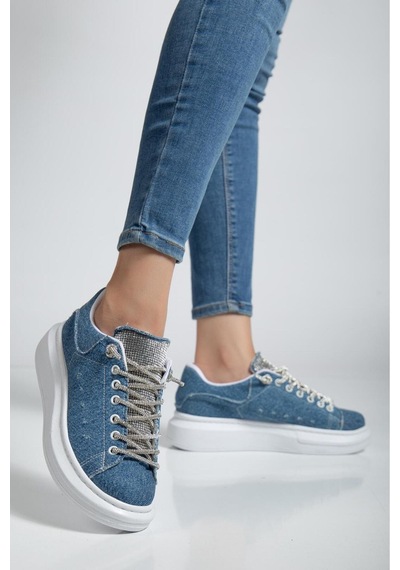 Erceka Taşlı Günlük Kullanıma Uygun Kadın Spor Ayakkabı Sneaker Bağcıklı Su Geçirmez Siyah-beyaz-mavi Taşlımavikot