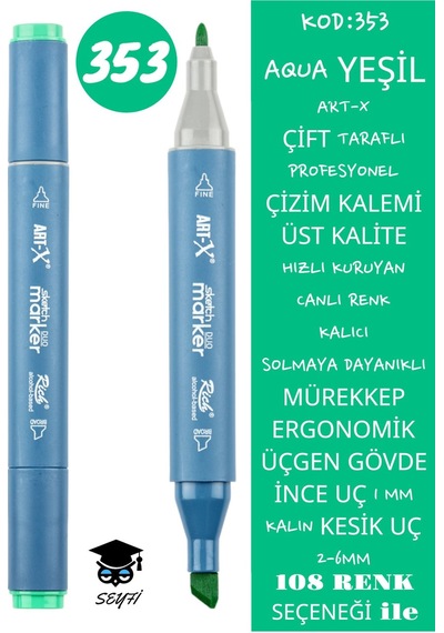 Çift Taraflı Profesyonel Çizim Kalemi Kalıcı Mürekkep Üçgen Gövde İnce Uç 1 Mm Kesik Uç 2-6mm Sketch 353-aqua Yeşili