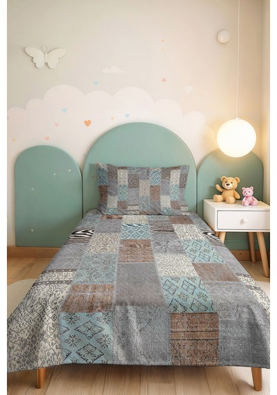 Geometrik Gri Genç Odası Tek Kişilik Pike Takımı-patchwork Turkuaz 160x220 Cm Kapitone Yatak Örtüsü Kırçıllı Misk Akışı