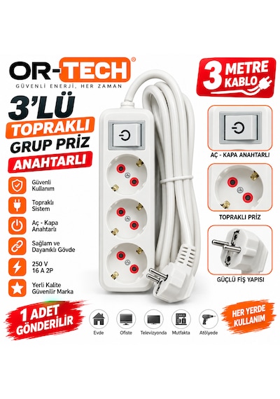 3 Üçlü Topraklı Grup Priz Anahtarlı 3 Metre Seyyar Uzatmalı 250 V 16 A 2p 1 Adet Gönderilir 3 M