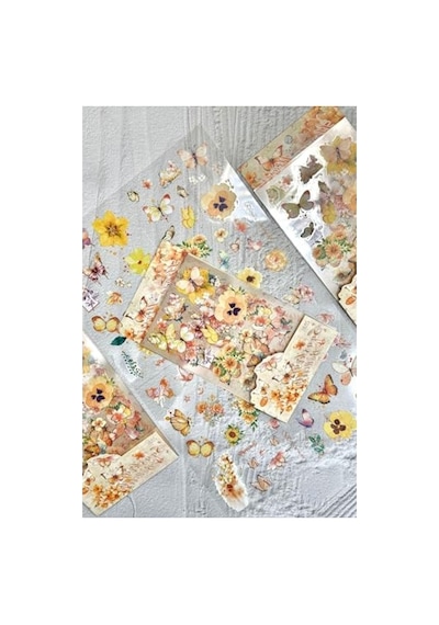 70 Adet Çiçek Sticker Seti, 4 Sayfa Şeffaf Kelebek Temalı Abanoz