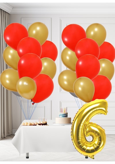 6 Yaş Sarı Kırmızı Taraftar Temalı Doğum Günü Seti Altın Kırmızı Balonlar Altın Folyo Rakam Altın