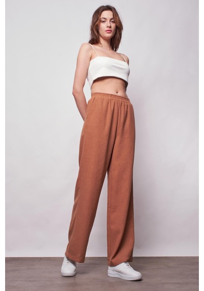 JUMENT Keten Yüksek Bel Beli Lastikli Yan Cepli Bol Paça Pantolon -camel