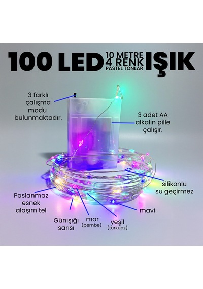 Upway 10m Su Geçirmez 4 Renkli 100 Led Işık - Pilli Dekoratif Aydınlatma Çok Renkli