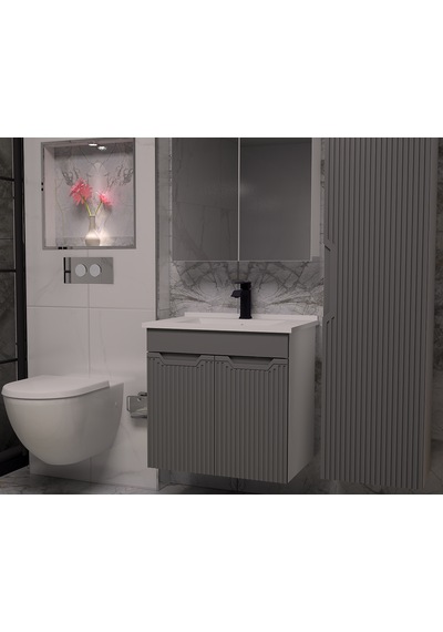 Banyo Dolabı Aynalı Cnc İşlemeli Membran Kapaklı 65 Cm Antrasit