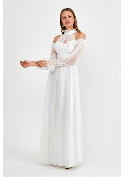 Dip Moda Dipmoda Kadın Beyaz Tül Drapeli Uzun Abiye Elbise Nbswll07 Beyaz