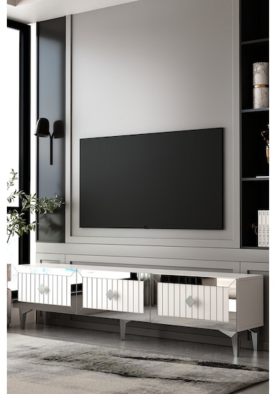 180dhdts4bg Lina 3 Kapaklı Pleksi Lazer Desen Tv Sehpası Beyaz-gümüş