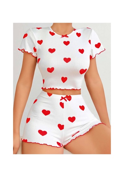 Ruselin Kadın Kırmızı Kalp Desenli Şortlu Gecelik Takım-beyaz-l/xl - 9079599742876