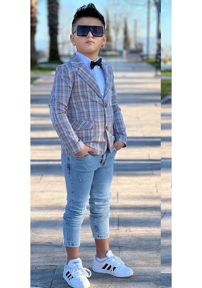 Riccotarz Erkek Çocuk Kırmızı Çizgili Blazer Ceket Kot Pantolon Alt Üst Takım Gri