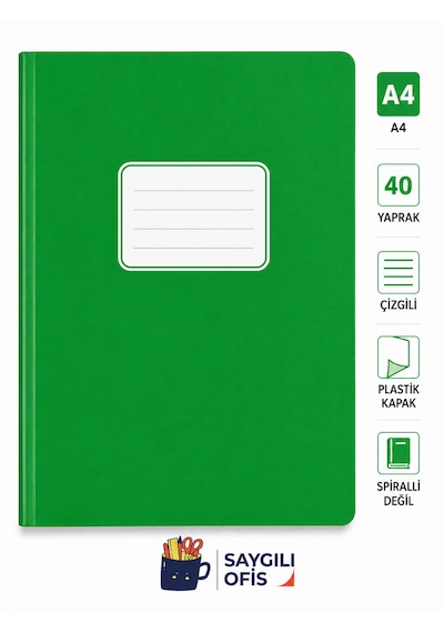 Saygılıofis 40 Yaprak A4 Dikişli Düz Pp Kapak Çizgili Defter Yeşil