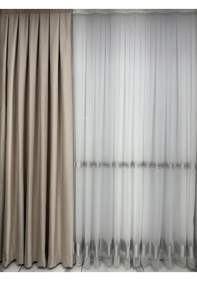 Balık Sırtı Bej Fon Perde 1/3 Sık Pile Fon Perde Bej