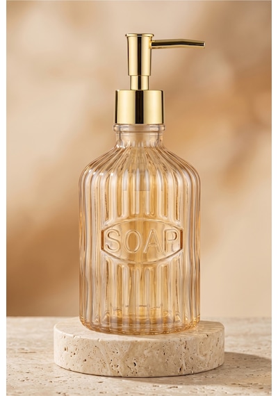 Glassy Dekoratif Cam Sabunluk Gold Pompalı Vintage Çizgili Sıvı Sabun Ve Deterjan Dispenseri - 21.5 Cm X 8 Cm - Turuncu