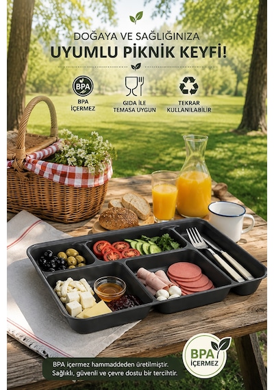 Porsima 5 Bölmeli Bpa İçermez Lüks Plastik Piknik Yemek Servis Tabağı-tabldot Servis Tabağı Antrasit-21 31 3,5 Cm