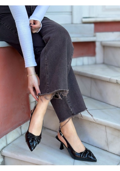 Ervanın Butiği Siyah Kırışık Deri Bow Fiyonk Detay Kadın Stiletto-6093