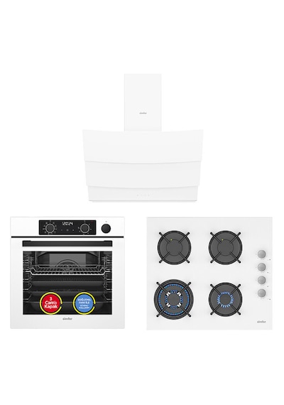 Simfer 0+10 Fonksiyon Steam Master 8245 Fırın + 3509 Ocak + 8707 Davlumbaz Beyaz 3'lü Ankastre Set