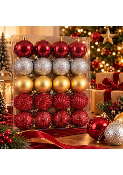 Bakgelal Premium 20 Adet Yılbaşı Ağacı Süs Topu Seti 6 Cm Karma Desenli Ve Renkli Çam Ağacı Süsü Kırmızı, Gold, Gümüş - 9016739373309 Diğer