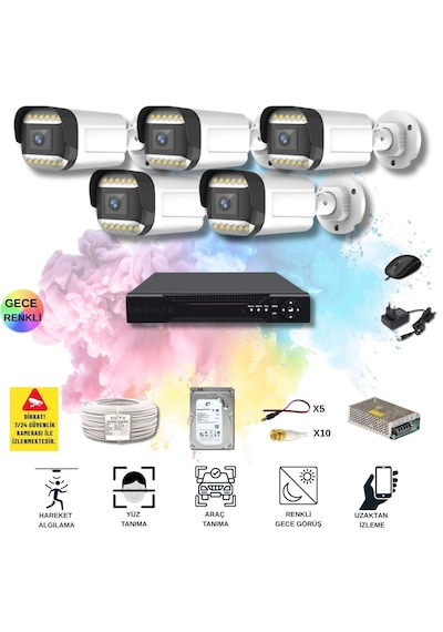 Qromax 5 Kameralı Set - Yapay Zeka Özellikli Gece Renkli Gösteren 5mp Sony Lensli 12 Warm Ledli Fullhd Güvenlik Kamerası Seti 312w-108