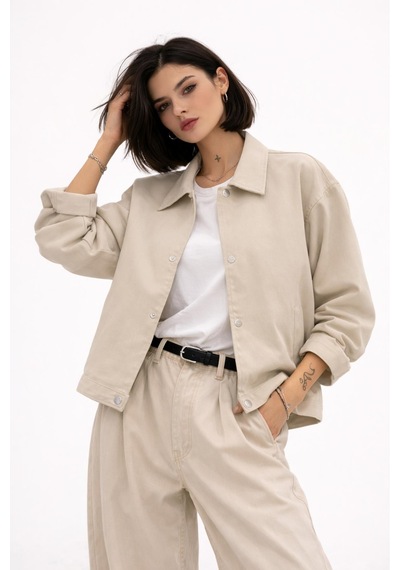 Kadın Oversize Basic Gabardin Mevsimlik Polo Yaka Ceket-385 Taş