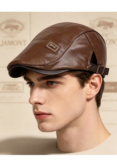 Erkek Suni Deri Gözlük Şapkası Kare Dikiş Detaylı Ayarlanabilir Flat Cap 3 Renk Kahverengi