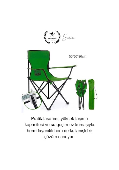 120 Kg Kapasiteli Su Geçirmez Kolay Silinebilir Katlanabilen Çantalı Askılı Kamp Piknik Sandalyesi Yeşil