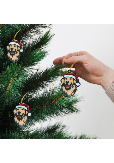 Noel Şapkalı Golden Retriever Köpek - Çam Ağacı Süsü 3 Lü