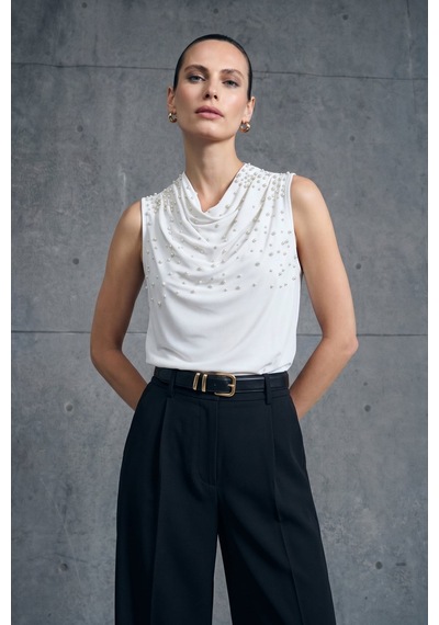 Sateen İnci Detaylı Bluz - Ekru-137356