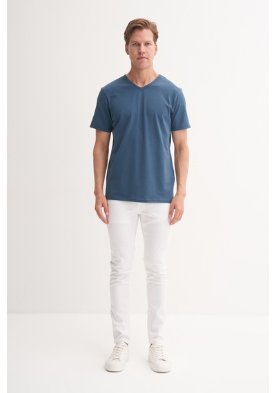 Cazador Slim Fit V Yaka Düz Örme Likarlı Tişört İndigo