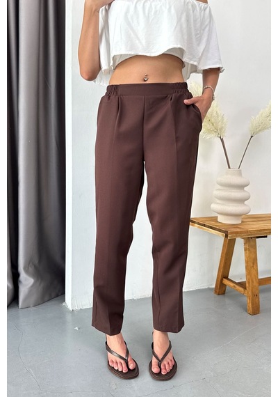 Giysa Kadın Beli Lastikli Çift Cepli Havuç Kesim Pantolon Kahverengi - 3229