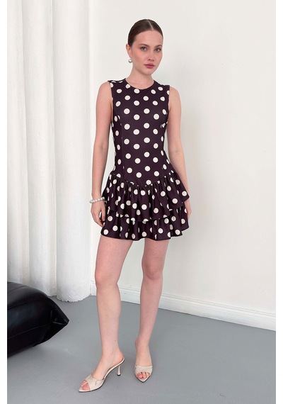 Verymoda Puantiyeli Sıfır Kol Elbise D2946 Kahve
