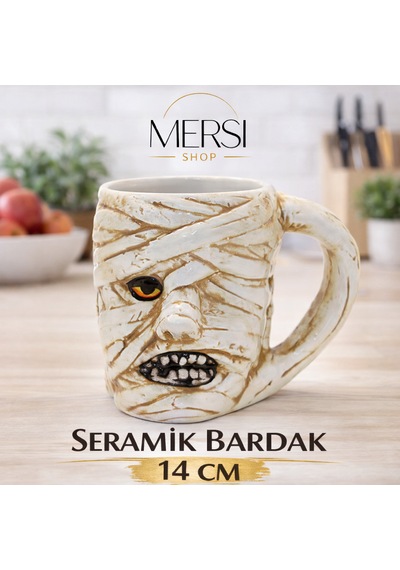 Antik Mısır Mumya Figürlü 3d Kabartmalı Seramik Kupa Bardak Dekoratif Kahve Çay Kupası Beyaz