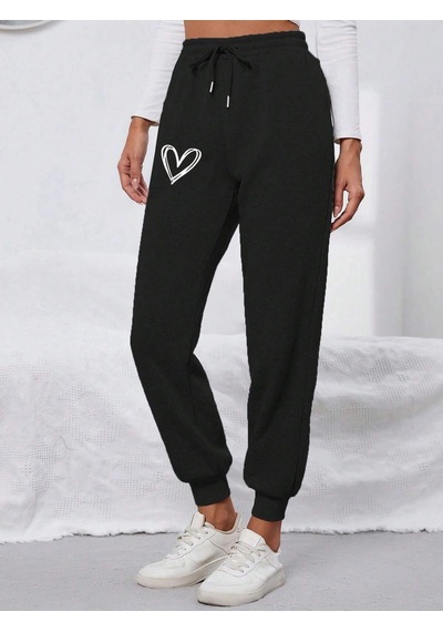 Heart Print Drawstring Waist 4 Mevsim Eşofman Siyah