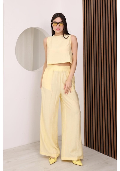 Famoda Sarı Sırtı Çapraz Bağcıklı Crop Bluz & Yüksek Bel Palazzo Pantolon Alt Üst Takım