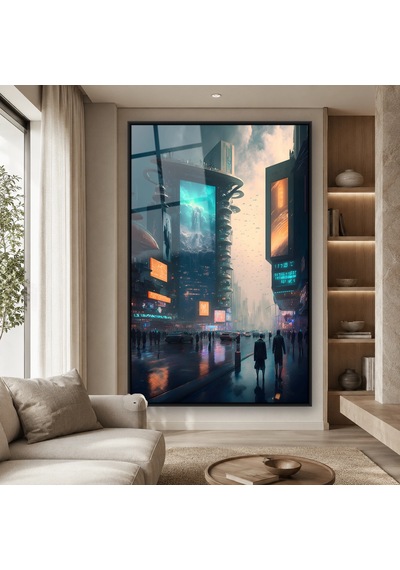Neon Ekranlı Yağmurlu Cadde Siyah Çerçeveli Cam Tablo