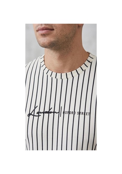 Original Erkek Dikey Çizgili Rahat Kesim Bisiklet Yaka T-shirt Beyaz