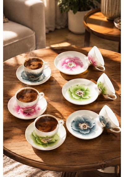 Porsima Gc57-2442 12 Parça Yaldızlı Porselen Türk Kahve Fincan Takımı - Mix Kahve Fincan Seti - 100ml Çok Renkli