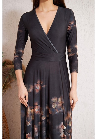 Darlin Moda Siyah Kruvaze Kahverengi Çiçek Desenli Abiye Elbise Dm1013