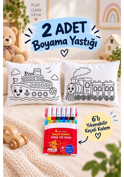 2 Adet Boyama Yastığı + 6 Renk Yıkanabilir Keçeli Kalem Çocuk Aktivite Seti Anaokulu Kreş Etkinliği