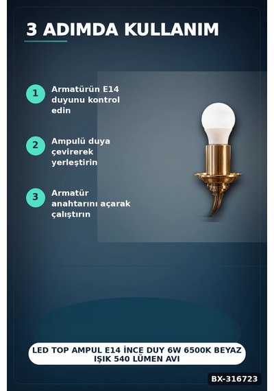 Led Top Ampul E14 İnce Duy 6w 6500k Beyaz Işık 540 Lümen Avize Aplik Ampulü Bx-316723