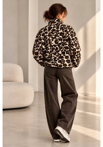 Bbbutikbasic Dik Yaka Yarım Fermuarlı Desenli Polar Sweatshirt My3535 Siyah Leopar