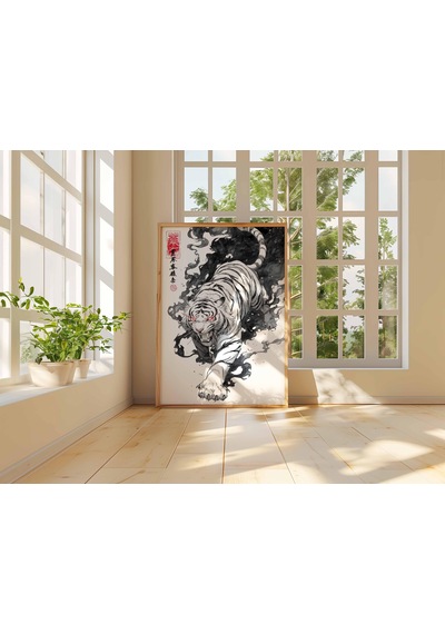 Beyaz Kaplan Japon Mürekkep Sanatı Baskısı Vahşi Hayvan Duvar Dekoru Asya Fırça Stili Poster Siyah Duman Savaşçı Kaplan Sanat Eseri