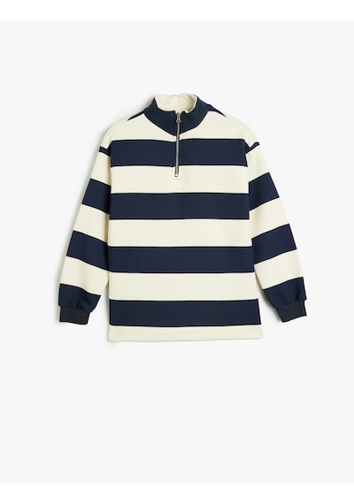 Koton Yarım Fermuarlı Sweatshirt Dik Yaka Uzun Kollu Üç İplik Şardonlu Ekru Çizgili 5wkb10128tk Ekru