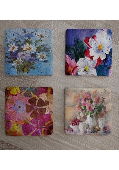 Renkli Papatyalar Doğal Taş Bardak Altlığı 4'lü Set - Natural Stone Coasters - Taş Çok Renkli