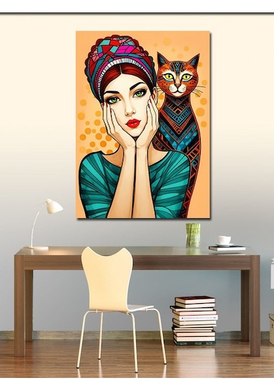 Kanvas Tablo Desenli Kadın Ve Kedi 70cmx100cm