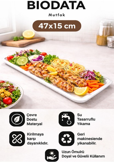 47x15 Cm Uzun Beyaz Melamin Tavuk Sunum Tabağı Kebap, Makarna, Meze Servis Tabağı Beyaz
